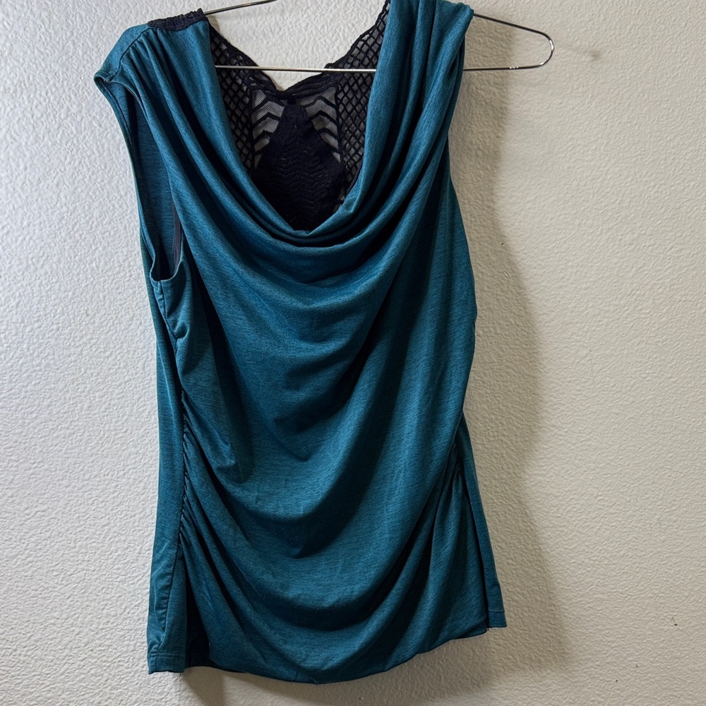 AB Studio Teal Sleeveless Top with Black Lace Detail